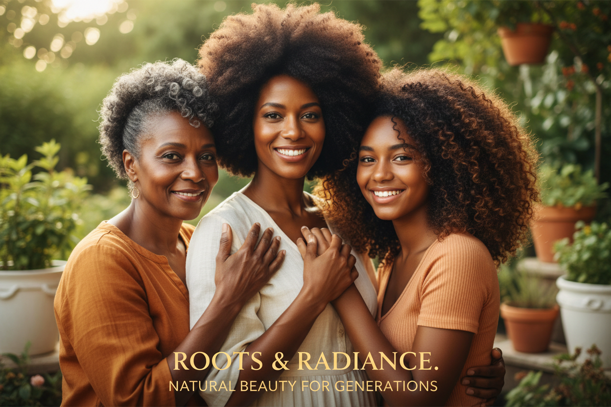 generate a beautiful website banner with 3 generations of black women adorning natural black healthy fro hair